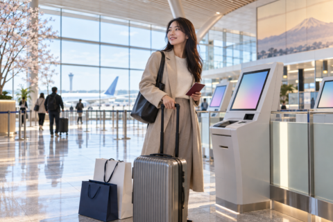 일본 공항 출발 로비에서 여권과 쇼핑백을 들고 면세 수속 단말기 앞에 선 여행자