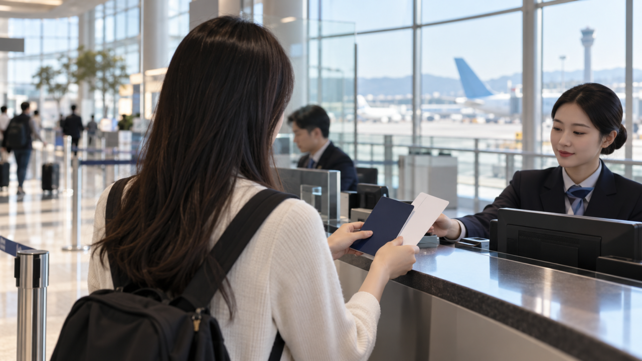 공항 여권민원 창구에서 여권과 탑승권을 든 여행객, 긴급여권 발급 안내 이미지