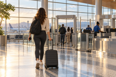 공항 보안검색대로 향하는 여행객이 캐리어를 끌고 걸어가는 모습