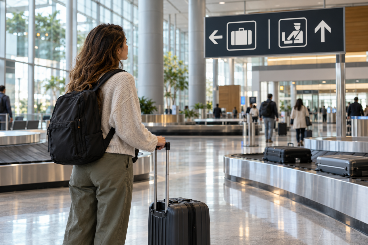 공항 수하물 벨트 앞에서 캐리어를 끌고 서 있는 여행객