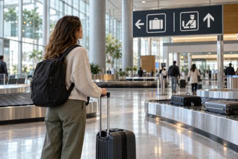 공항 수하물 벨트 앞에서 캐리어를 끌고 서 있는 여행객