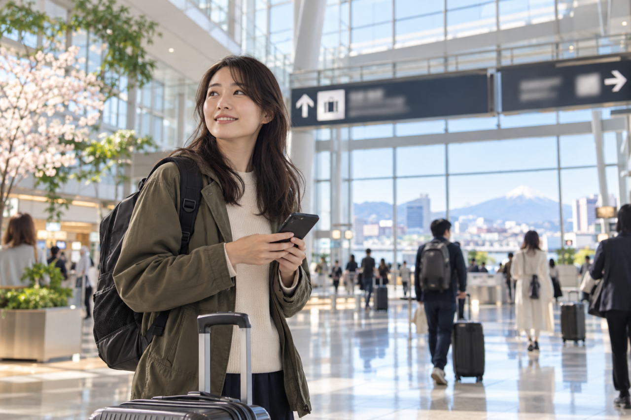 비짓재팬 웹(Visit Japan Web) 등록 방법: 계정부터 세관신고 QR코드까지 4단계 일본 공항 입국장에서 스마트폰을 든 여행자